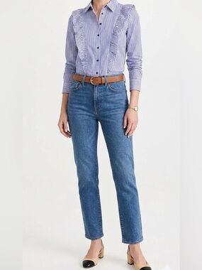 Nordstrom NWOT Blue and White Stripe Button Down Shirt w Ruffles